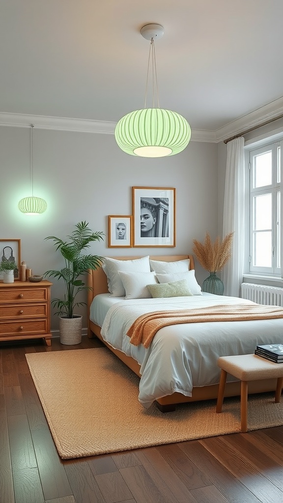 A pastel green bedroom featuring stylish lighting fixtures.
