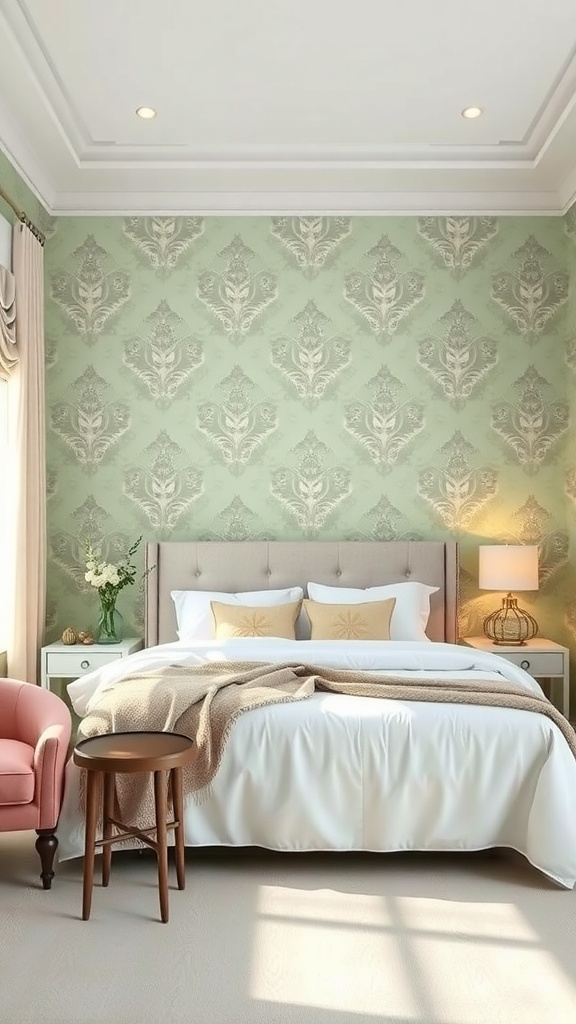 A pastel green bedroom featuring floral wallpaper, a cozy bed with neutral bedding, and a pink chair.