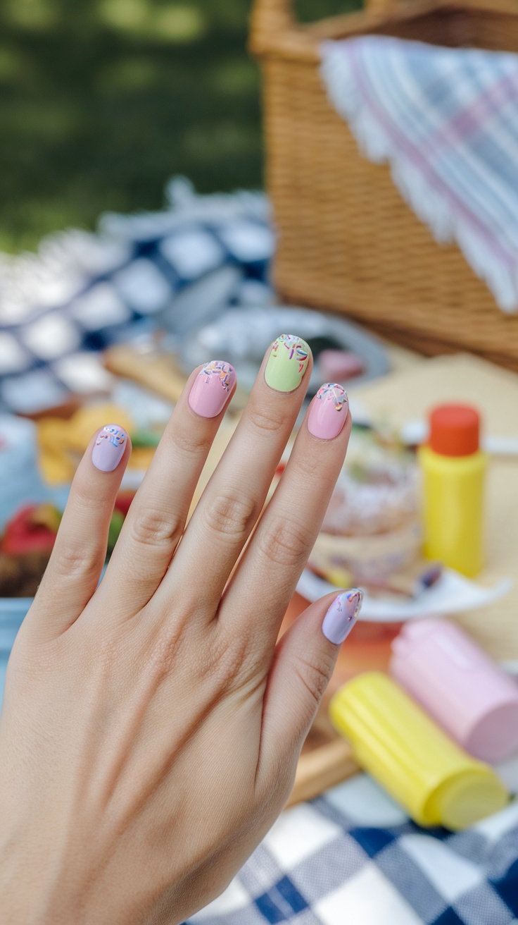 Hand showing pastel ice cream cone nails in a picnic setting