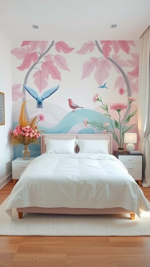 A pastel mural in a bedroom featuring pink leaves, birds, and flowers