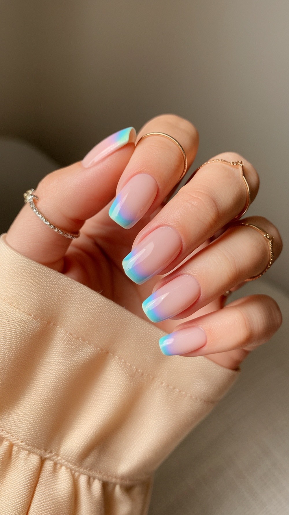 Short pastel ombre nails with a gradient from pink to blue