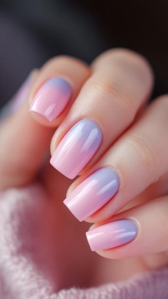 Short nails with a pastel ombre effect transitioning from lavender to blue, featuring a silver detail on one nail.