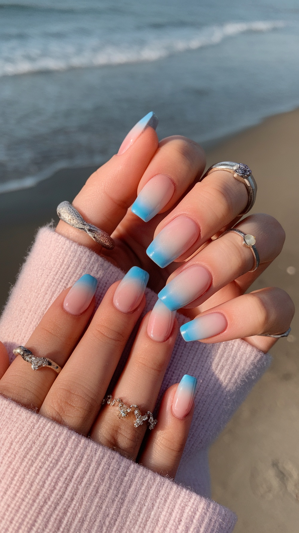 Pastel ombre square nails with a light pink base and blue tips, adorned with rings, set against a beach background.