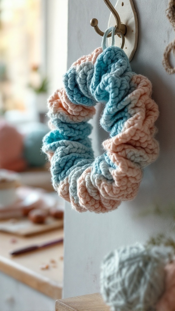 A pastel ombre crochet scrunchie hanging on a hook