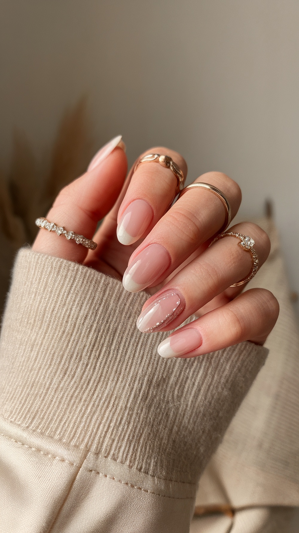 A hand with pastel ombre nails featuring a nude base and white tips, adorned with rings.