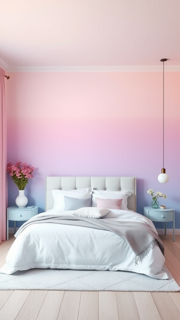 A bedroom featuring pastel ombre walls in soft pink and purple, with a white bed and light wood flooring.