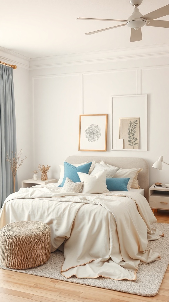 A serene bedroom with pastel colors, featuring a light bedspread, blue pillows, and natural decor elements.