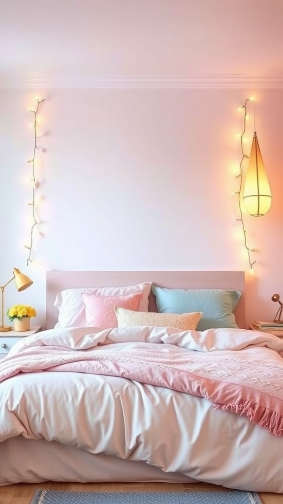 A cozy pastel-themed bedroom with pink walls, soft bedding, fairy lights, and decorative pillows.