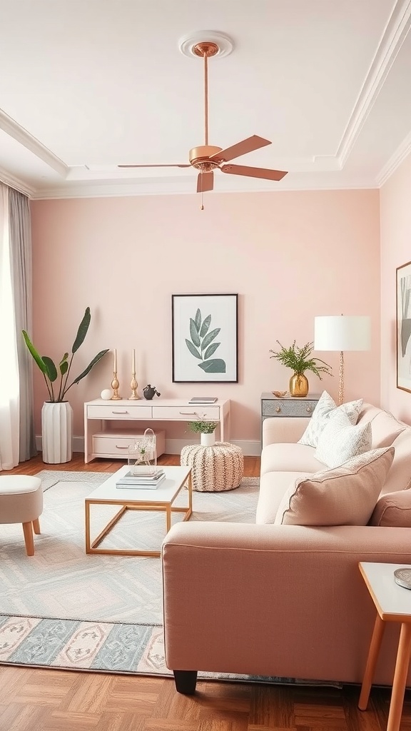 A pastel pink living room featuring a pink sofa, grey accents, and plants.