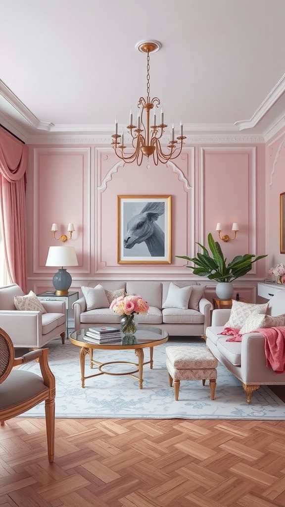 A pastel pink living room featuring grey furniture, a chandelier, and decorative elements.