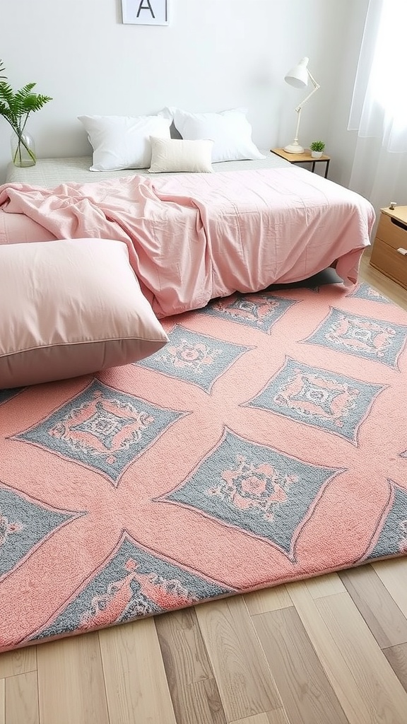 A pastel pink and grey rug in a bedroom setting with a bed and soft pillows.