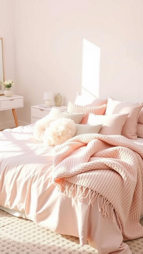 A pastel pink bedroom featuring a neatly made bed with soft pink bedding, pillows, and a cozy throw blanket.