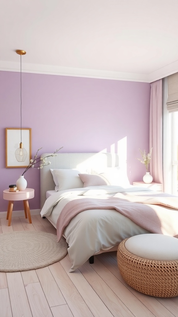 A serene bedroom featuring pastel purple walls, a cozy bed with gray and pink linens, and natural light streaming in.