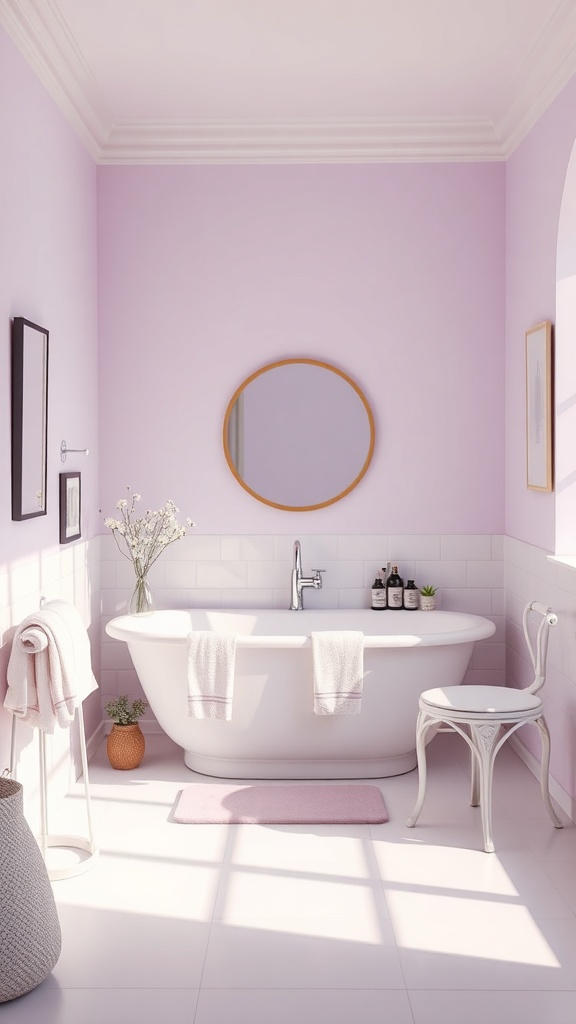A pastel purple bathroom featuring a freestanding bathtub, round mirror, and soft towels.