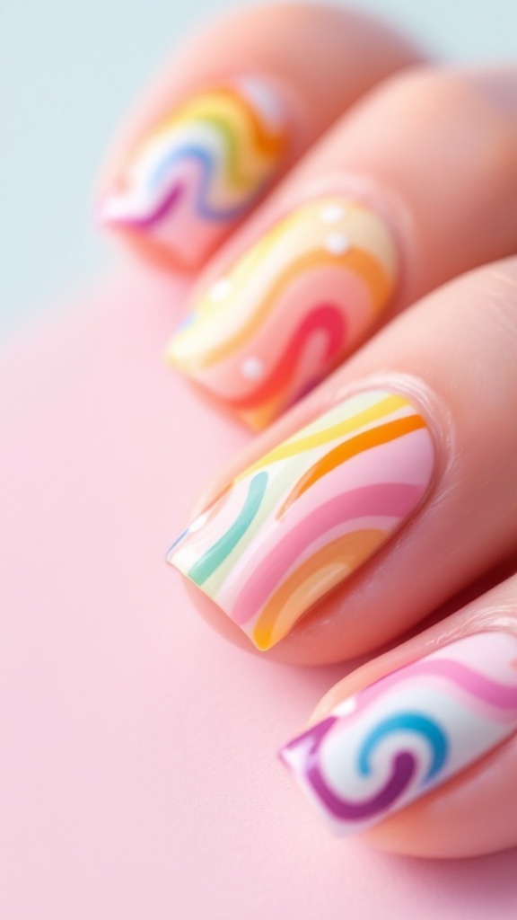 Close-up of pastel rainbow nail art with colorful swirls on nails.