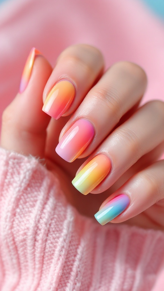 Pastel rainbow ombre nails with a smooth gradient of colors