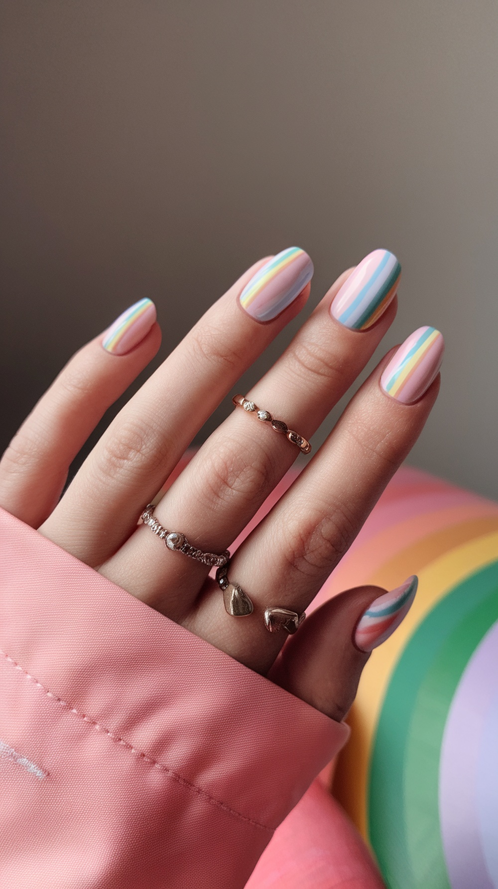 Nails with pastel rainbow stripes in soft colors