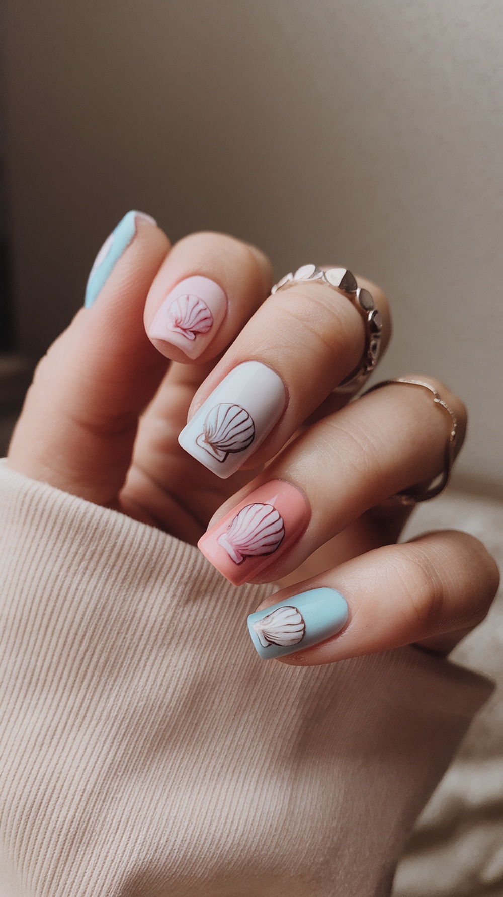A hand with pastel-colored nails featuring seashell designs in pink, blue, and white.