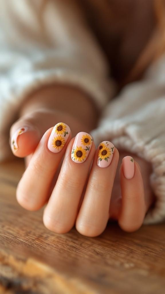 Pastel sunflower nail art with detailed sunflower designs and elegant rings