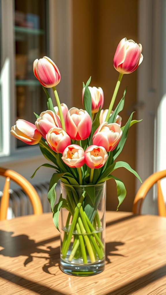 A beautiful bouquet of pastel tulips in a clear vase on a wooden table.
