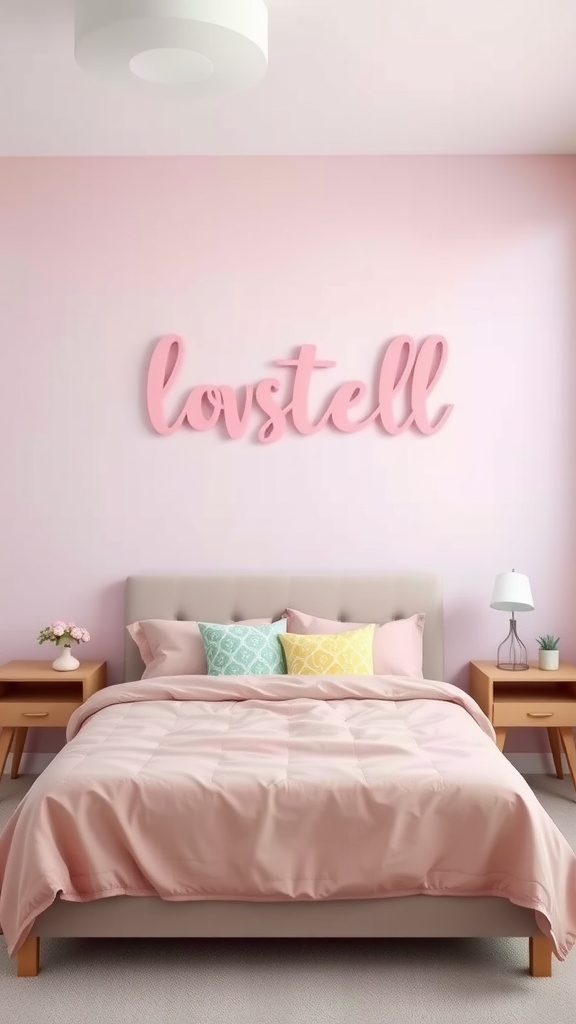 A pastel bedroom featuring a pink wall with the text 'lovestell' and a light pink bedspread with colorful cushions.