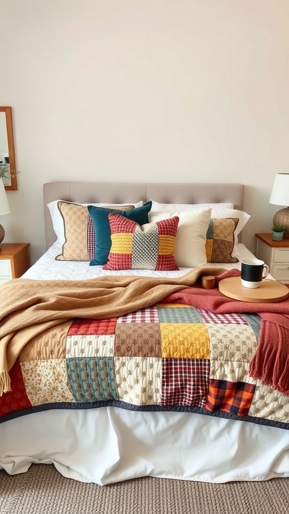 A cozy bedroom featuring a patchwork quilt with warm colors and patterns, layered with decorative pillows and a soft throw.