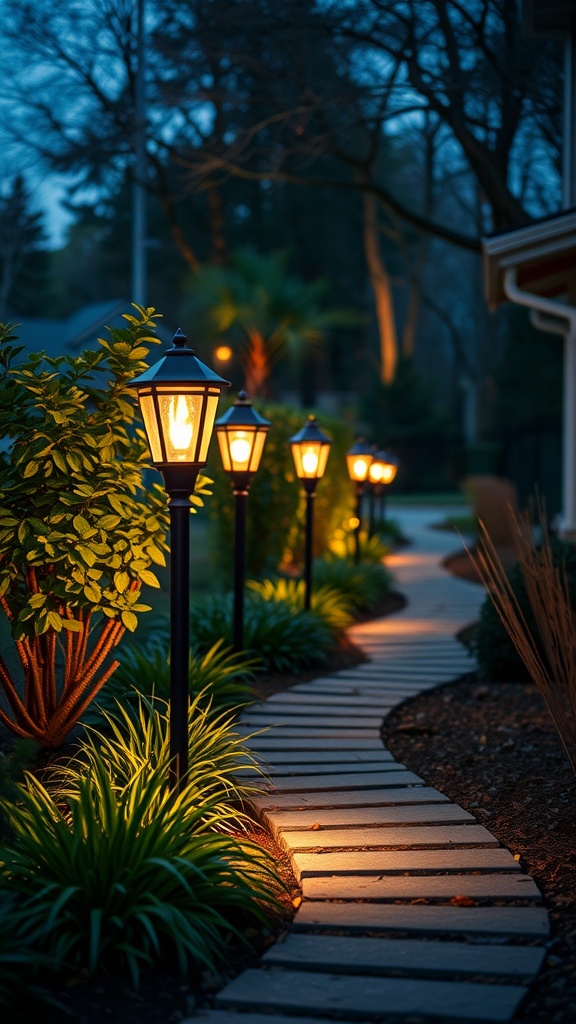 Pathway light posts illuminating a garden walkway