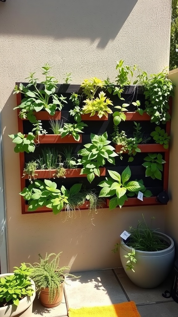 A vertical herb garden featuring various herbs in wall-mounted planters.