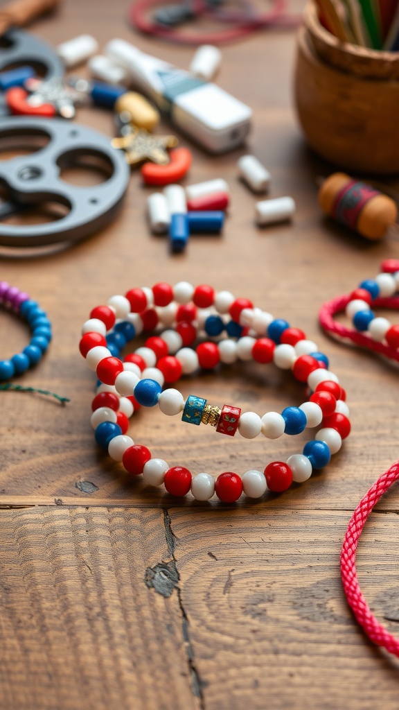 Colorful red, white, and blue bead bracelets on a wooden table with craft supplies