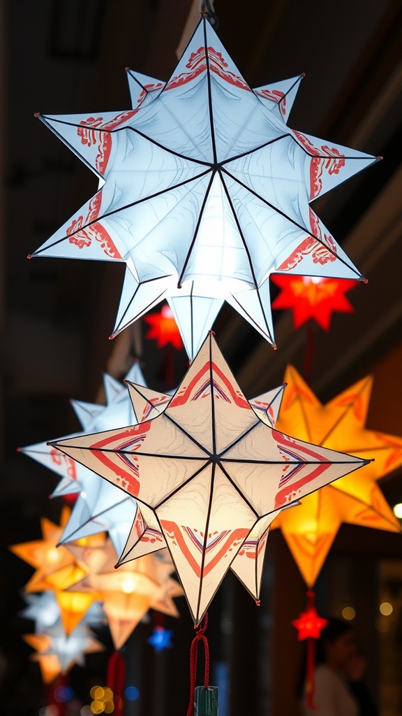 Colorful star-shaped lanterns in red, white, and blue for the 4th of July