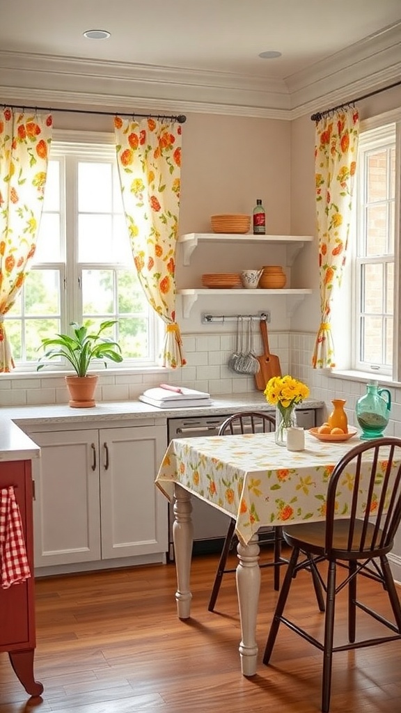 A cozy kitchen with floral patterned curtains and table linens, featuring a bright and inviting atmosphere.