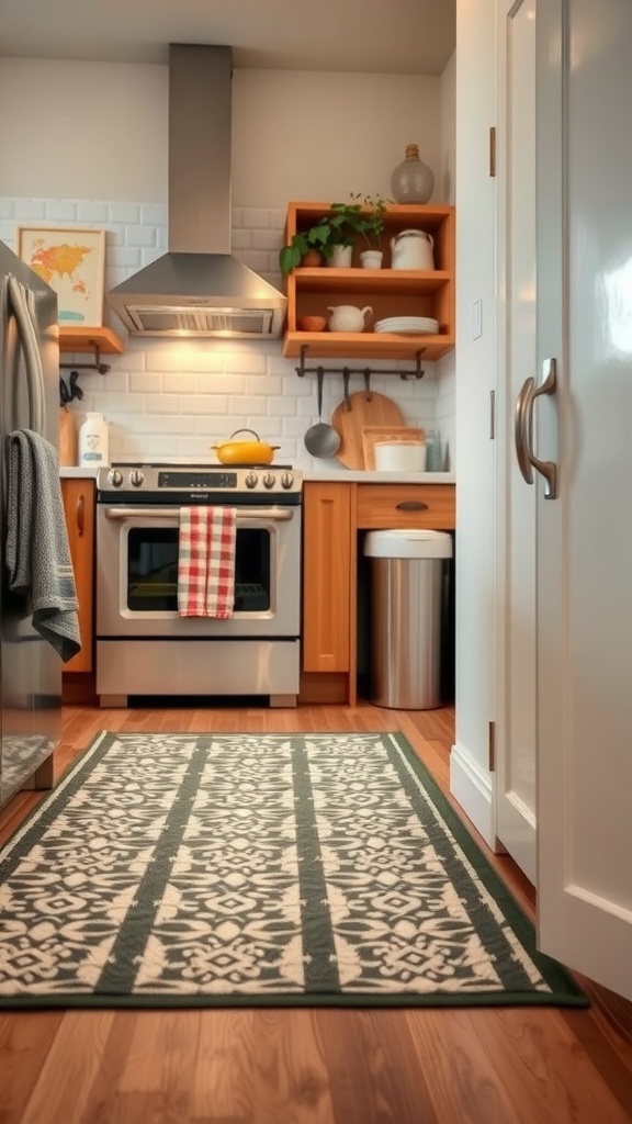A patterned kitchen rug in front of an oven, featuring a design with green and cream colors, complementing the wooden cabinets.