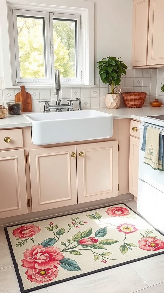 A floral patterned rug in a kitchen with pink cabinets and a farmhouse sink.
