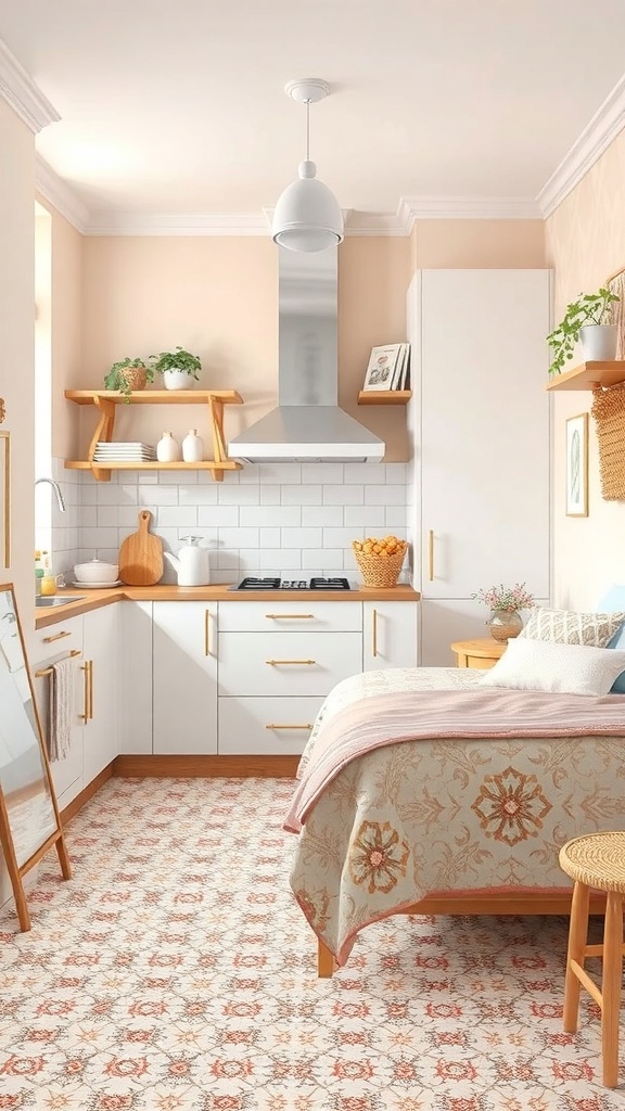 A cozy kitchen featuring patterned vinyl flooring, white cabinets, and wooden accents.