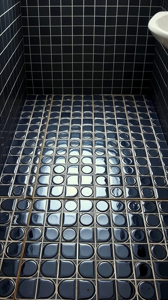 Black tiled bathroom floor with circular patterns