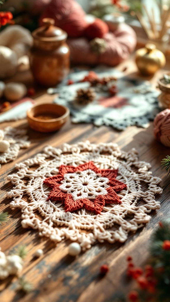 A crochet doily with a star pattern in warm colors placed on a wooden table.