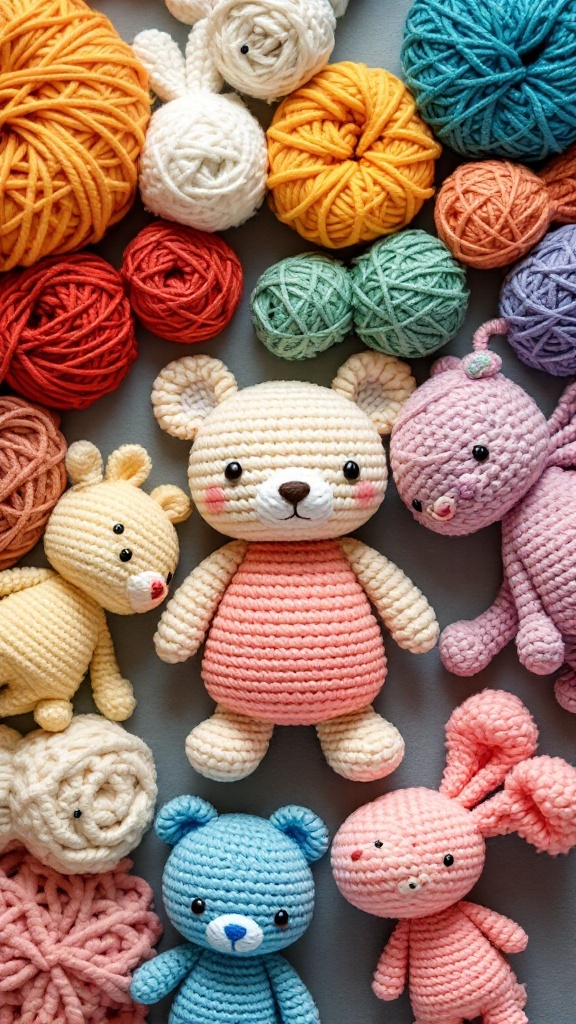 Colorful crochet stuffed animals and yarn.