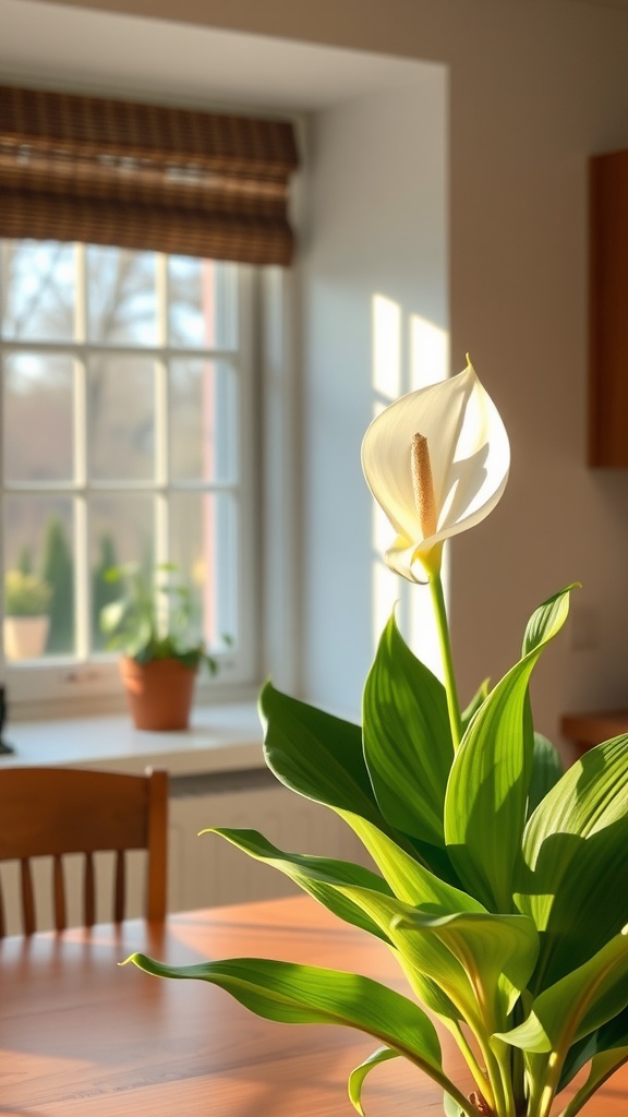 A Peace Lily plant with white blooms and green leaves on a wooden table, with sunlight streaming through a window.