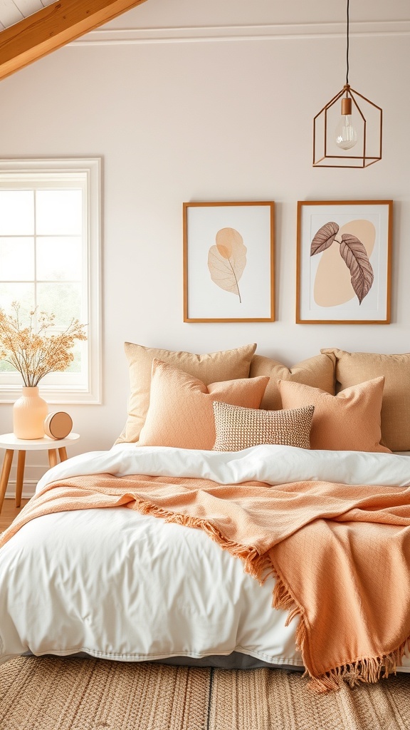 A soft pastel bedroom featuring peach decor elements, including pillows, a blanket, and artwork.