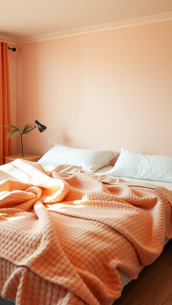 Cozy pastel bedroom with peach walls and a textured blanket on the bed
