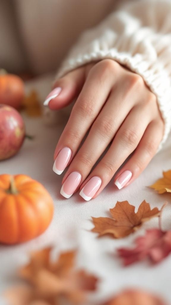 Nails with peachy pink tips and white designs, adorned with rings, resting on a cozy sweater.