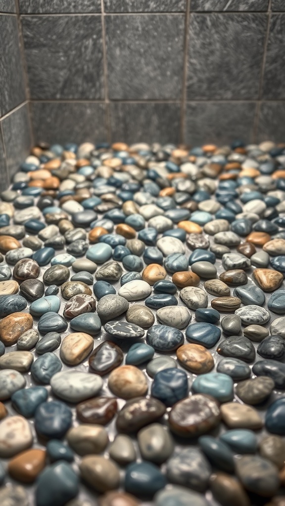 A close-up view of a pebble shower floor with various colored stones.