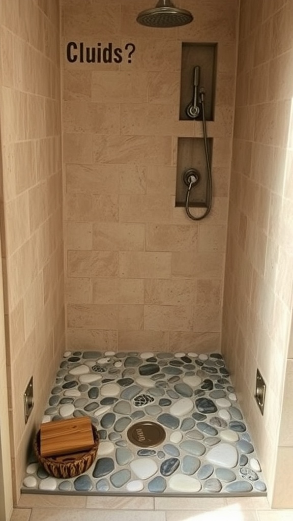 A rustic walk-in shower featuring a pebble stone floor with a wooden bowl.