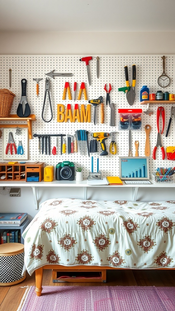 A pegboard filled with various craft tools and supplies, showcasing an organized workspace.