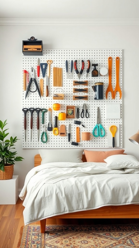 A pegboard filled with assorted tools and craft supplies, neatly organized above a bed in a bedroom.