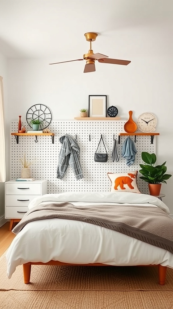A stylish bedroom featuring a pegboard wall with hooks and shelves for storage.