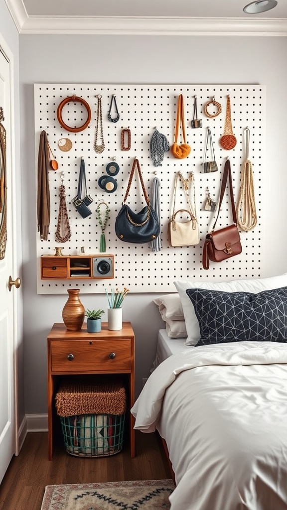A bedroom with a pegboard on the wall displaying organized bags and accessories next to a wooden nightstand.