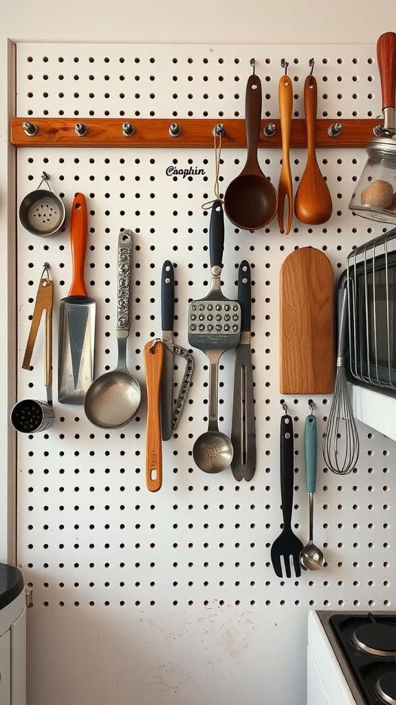 A pegboard in a small kitchen displaying various kitchen utensils and tools.
