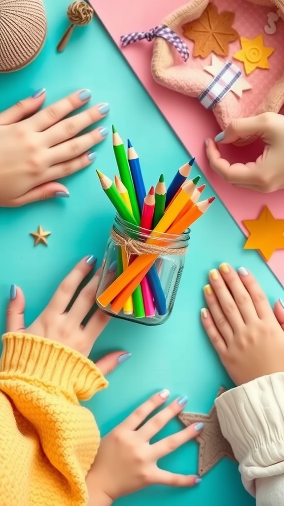 Colorful pencils in a mason jar surrounded by hands ready to create art.