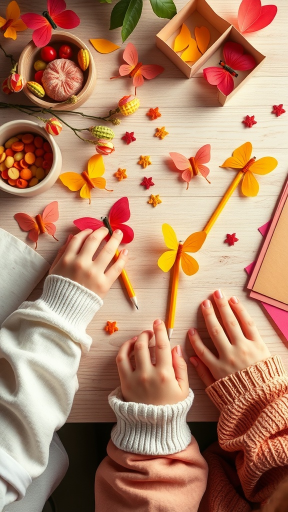 Children's hands working on colorful pencil top butterfly toppers with craft supplies.